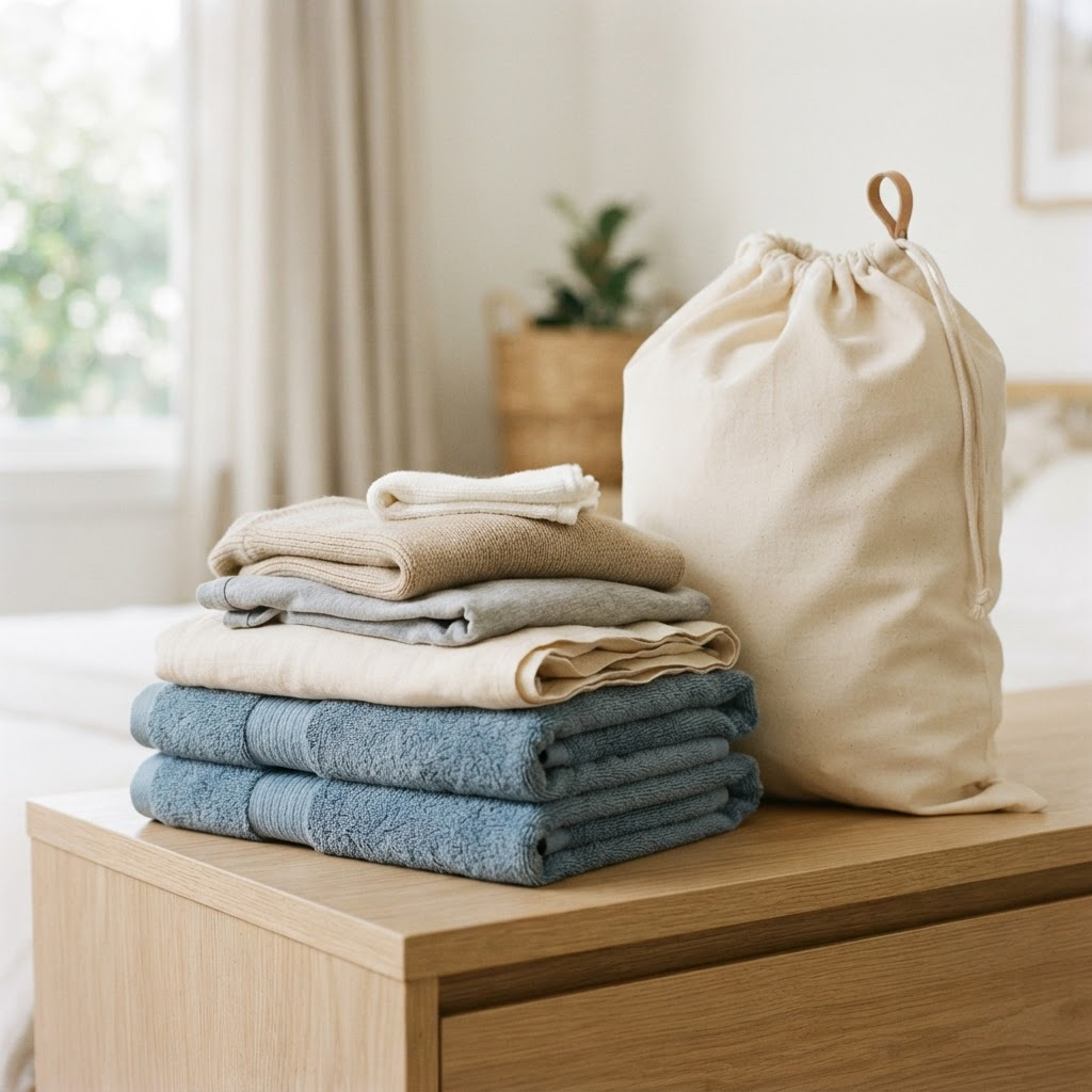 A stack of freshly folded towels and everyday clothing beside a cotton laundry bag in soft daylight